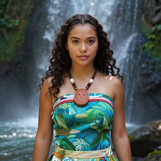 Photograph of a young woman with curly black hair, wearing a blue tropical-patterned strapless top and wooden necklace, standing in front of a waterfall