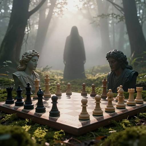 Surreal Chessboard in Foggy Forest