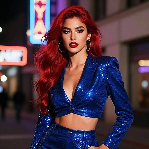Confident Woman in Blue Sequined Outfit with Red Hair