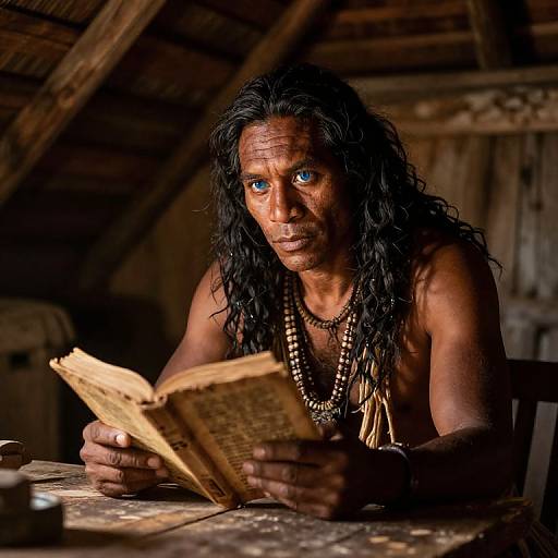 Photograph of a muscular, dark-skinned indigenous man with long black hair and blue eyes, reading an old book in a dimly lit, wooden