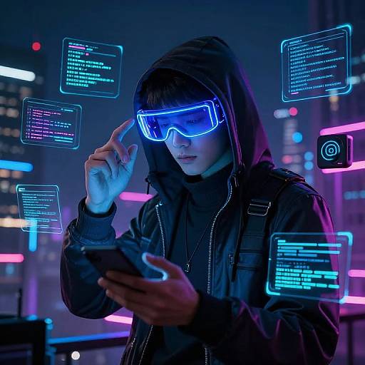 Cyberpunk Hacker in Neon Cityscape