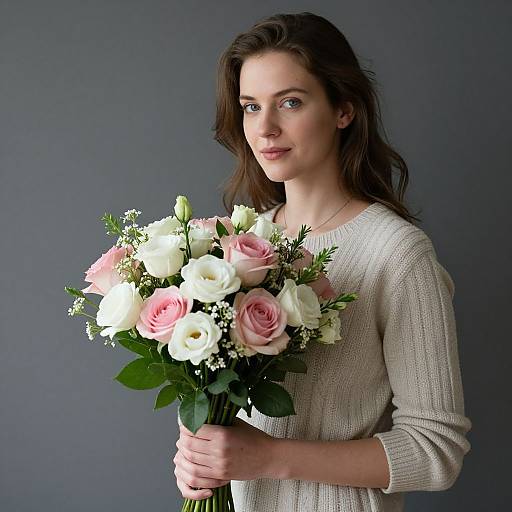 Photograph of a fair-skinned woman with long brown hair, wearing a beige knit sweater, holding a bouquet of pink, white, and green flowers
