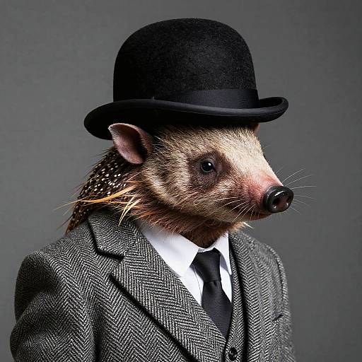 Photograph of a possum wearing a black bowler hat and a gray herringbone suit with a white shirt and black tie, against a gray