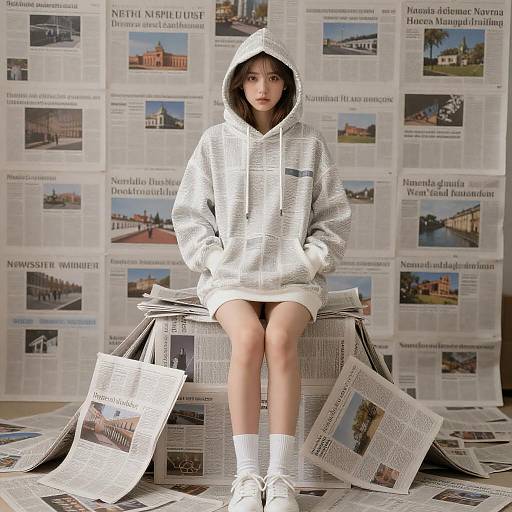 Photorealistic Girl on Newspaper Pile