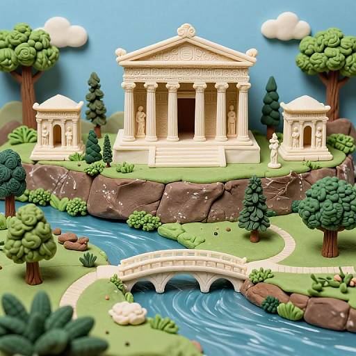 Photograph of a colorful, 3D toy village featuring a neoclassical temple with pillars, flanked by smaller buildings, a bridge over