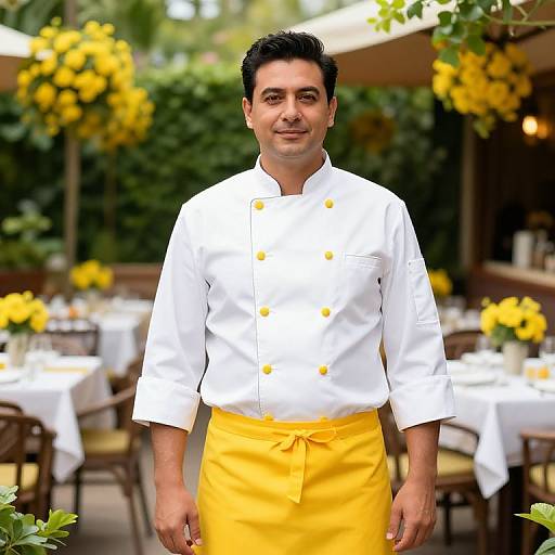 Photograph of a smiling male chef with medium build, short black hair, wearing a white double-breasted chef's jacket and yellow apron, standing