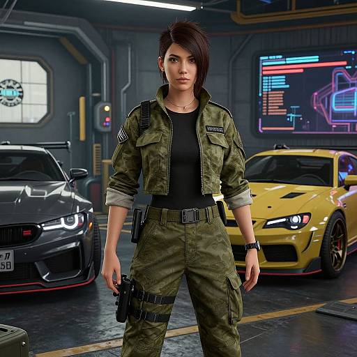Digital CGI of a tough, brown-haired woman in military green fatigues, standing in a neon-lit garage with a black and yellow sports car