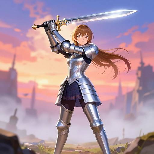 Digital anime-style illustration of a determined young woman with long brown hair, wearing silver armor and holding a glowing sword, standing triumphantly on a battlefield at