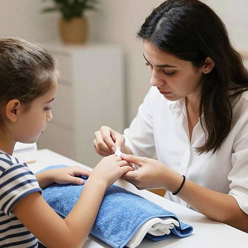 Photograph of a brunette woman, wearing a white shirt, gently tying the shoelaces of a brown-haired girl in a striped shirt, seated on