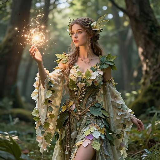 Photograph of a fair-skinned, long-haired fairy woman in a leafy, off-shoulder gown, casting a glowing spell in a sun