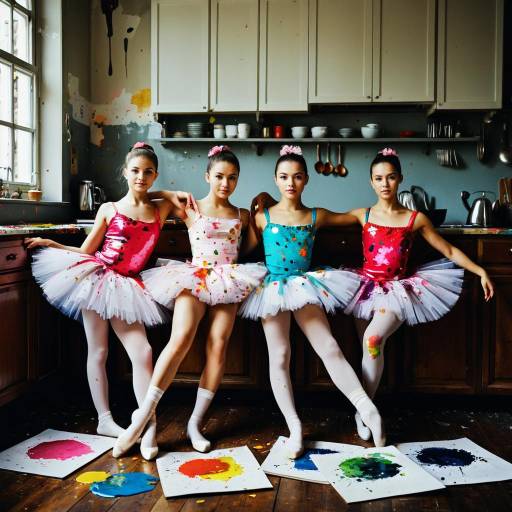 Four Young Ballerinas in Colorful Tutus in Artistic Kitchen