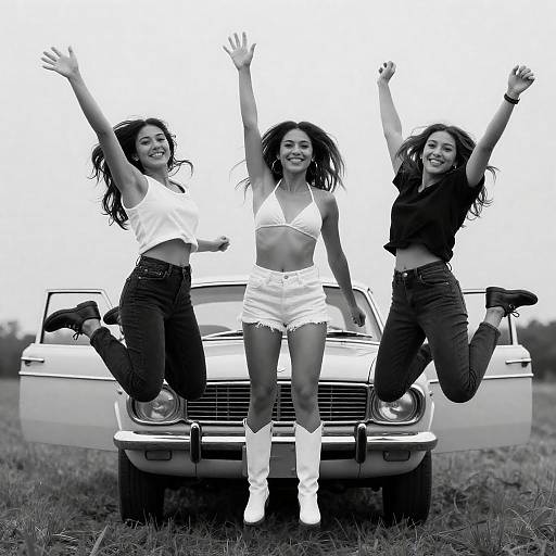 Vintage Joy: Three Women Mid-Air