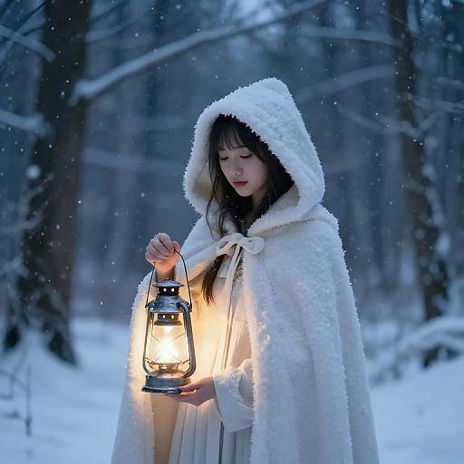 Photograph of an Asian woman in a white, fuzzy hooded cloak, holding a glowing lantern in a snowy forest at night.