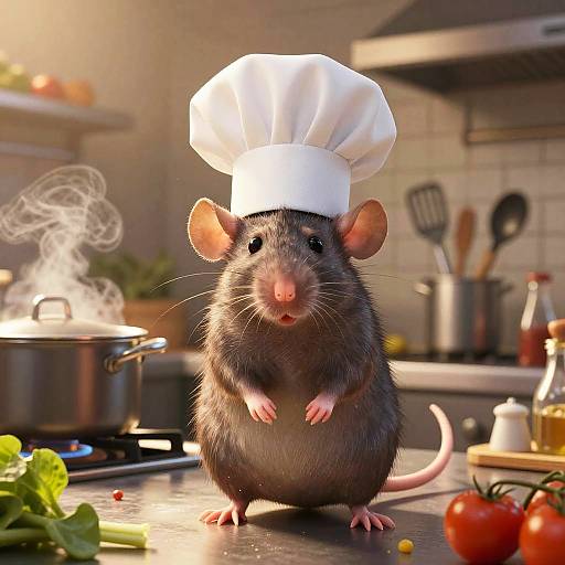 CGI image of a cute, anthropomorphic rat in a white chef's hat, standing on a kitchen counter with a steaming pot, vegetables,