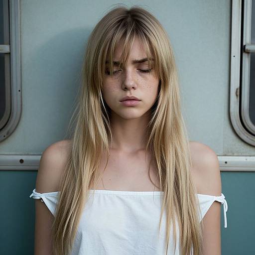 Photograph of a young woman with long, straight blonde hair, closed eyes, and freckles, wearing a white off-shoulder top,