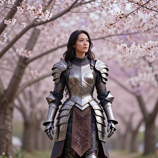 Digital artwork of an Asian woman in medieval silver armor standing in a cherry blossom grove, looking forward with determined expression.