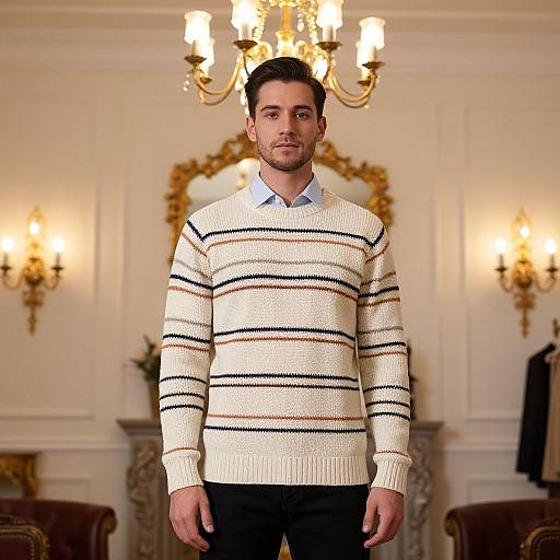 Photograph of a handsome man with short dark hair, wearing a white striped sweater and black pants, standing in an elegant, warmly lit room with a