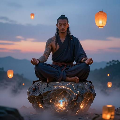 Photograph of an Asian man with long hair, tattoos, and a dark robe, meditating on a glowing rock at dusk, surrounded by floating lantern