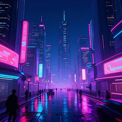 Neon-lit, futuristic city street at night with glowing pink, blue, and purple signs, blurred pedestrians, and tall skyscrapers. Digital
