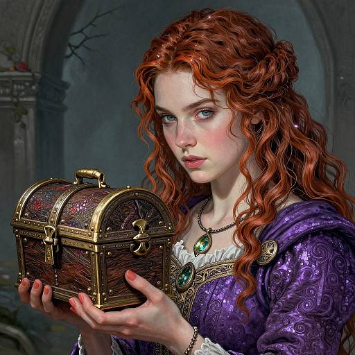 Digital painting of a fair-skinned, red-haired woman with wavy hair, wearing a purple, embroidered dress, holding a small, ornate,