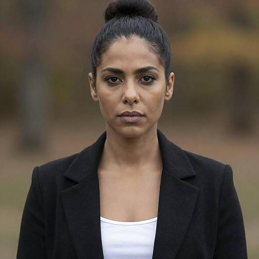 Photograph of a serious-faced woman with dark hair in a bun, wearing a black blazer over a white top, against a blurred autumnal background