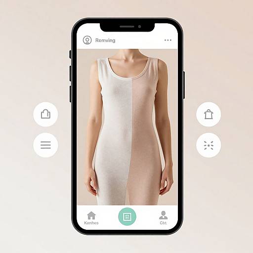 Photograph of a woman's torso in a white and light pink, vertically-striped, form-fitting dress displayed on a smartphone screen.