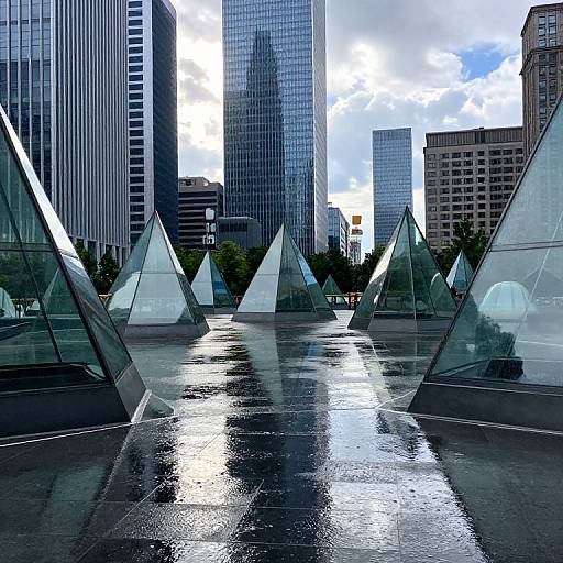 Photograph of a modern urban plaza featuring eight glass pyramids on a wet, reflective surface, surrounded by tall, mirrored skyscrapers under a partly