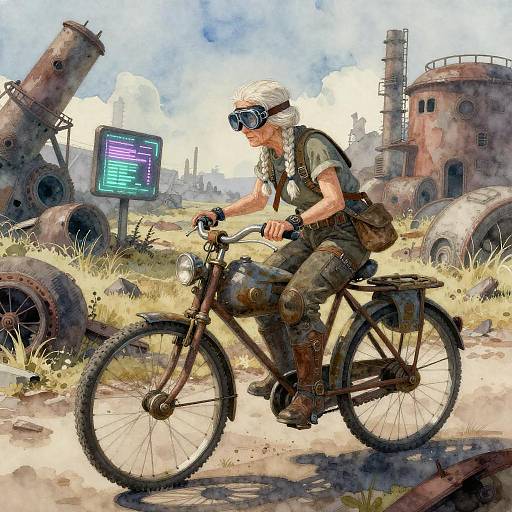 Digital illustration of a white-haired woman in goggles and military-style attire riding a vintage bicycle through a post-apocalyptic industrial wasteland with rusted pipes and