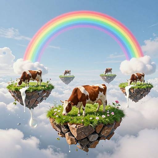 Digital art of floating grass islands with brown and white cows, milk dripping, under a vibrant rainbow in a blue sky with fluffy clouds.