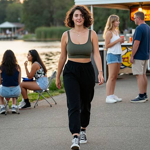 Photograph of a curly-haired woman in a green crop top and black pants walking outdoors, with a lake and people in the background. Casual summer attire