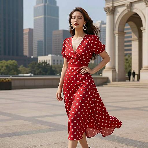 Urban Elegance: Asian Woman in Polka Dots