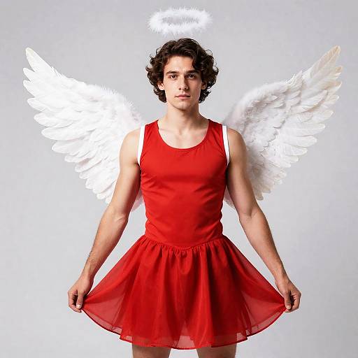 Photograph of a muscular, curly-haired woman with white angel wings and a red dress, holding the skirt, against a light grey background.
