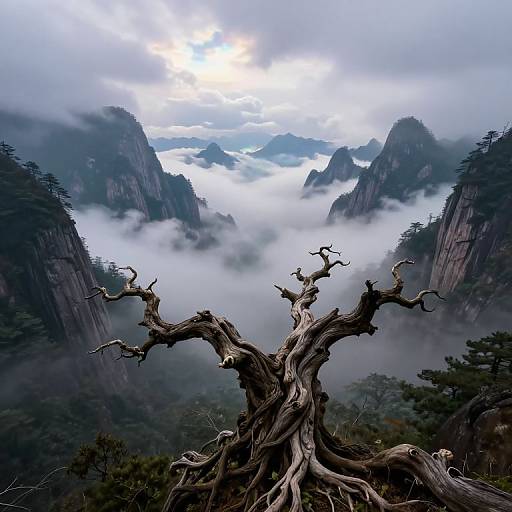 Photograph of a dramatic mountain landscape with mist-covered peaks, rugged cliffs, and a twisted, gnarled tree in the foreground. Overcast sky