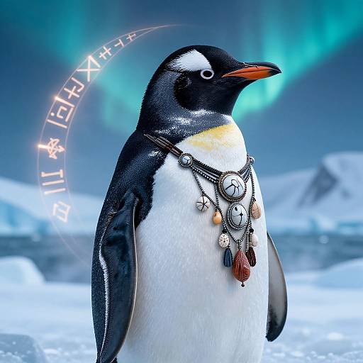 Photograph of a black-and-white king penguin wearing Native American-style jewelry, standing in icy landscape with aurora borealis and glowing text.