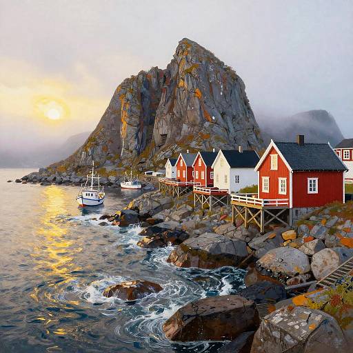 Noruega Coastal Village Sunrise Scene