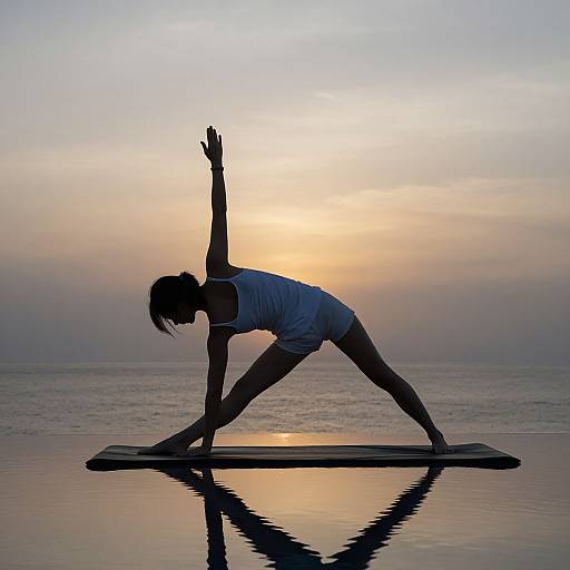 Silhouetted woman in white tank top and shorts, performing yoga pose on a mat at sunset over a calm ocean.