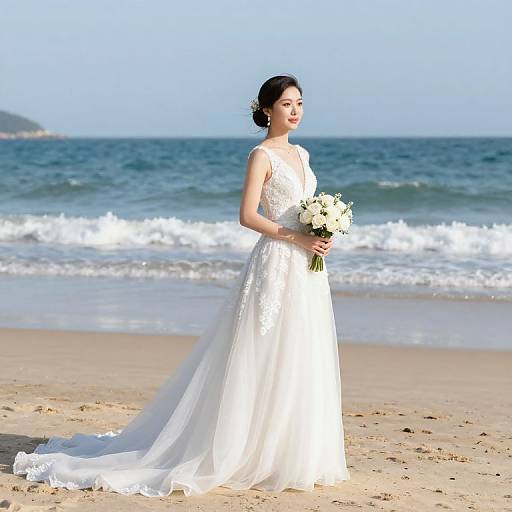 Asian bride in white lace wedding dress with floral bouquet, standing on sandy beach with ocean waves and clear blue sky.