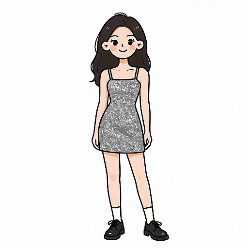 Cartoon-style digital drawing of a smiling young woman with long black hair, wearing a sparkly gray dress, black shoes, and white socks, standing