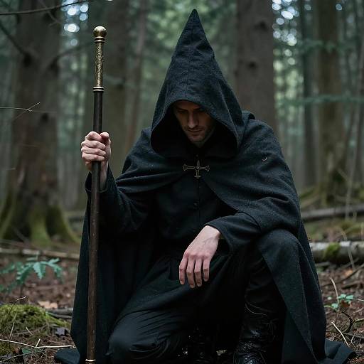 Mysterious Cloaked Figure in Forest