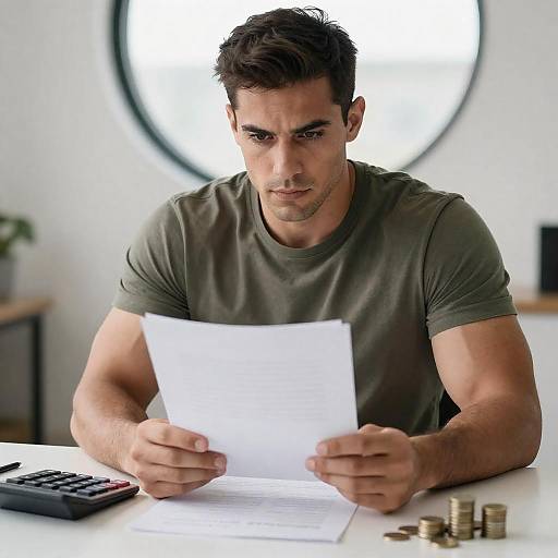 Muscular Man at Desk with Calculator