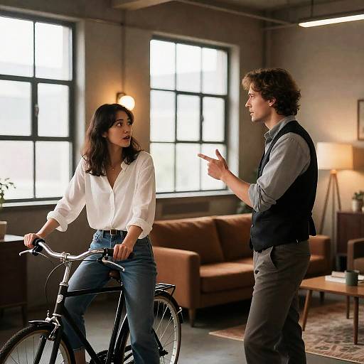 Indoor Conversation Between Young Man and Woman with Bicycle