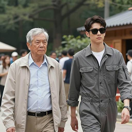 Two Men Walking Outdoors in Casual and Workwear