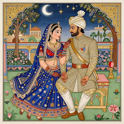 Colorful Indian illustration of a bearded man in traditional attire and a veiled bride in a blue embroidered saree, under a moonlit night,