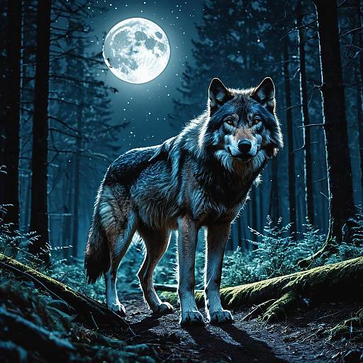 Wolf in Mystical Forest at Full Moon