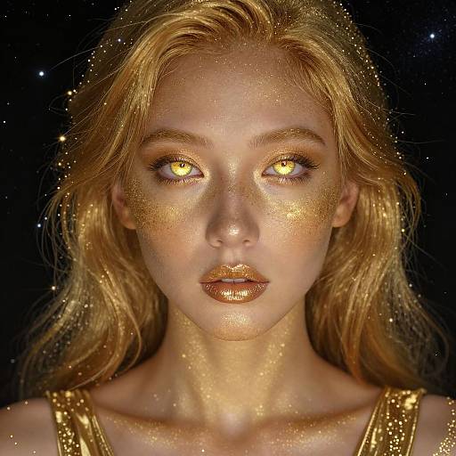 Digital artwork of a blonde woman with glowing golden eyes and sparkly gold face and lips, wearing a gold top, against a starry black background.