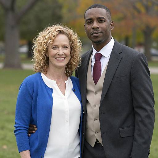 Photograph of a smiling white woman with curly blonde hair in a blue cardigan and white blouse, standing beside a tall Black man in a black suit
