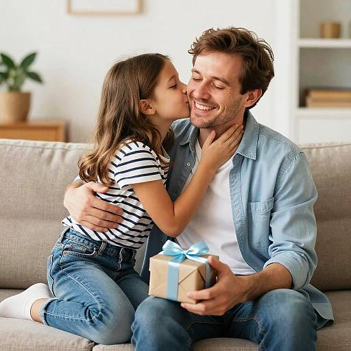 Cozy Family Gift Moment on Couch