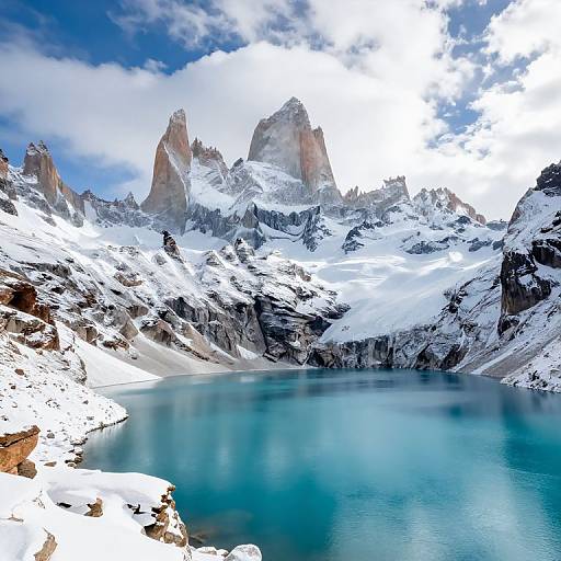 Photograph of a snow-capped mountain range with towering peaks, turquoise lake, and clear blue sky with white clouds. Snow-covered foreground.