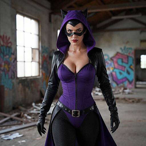 Photorealistic CGI of a sexy, dark-skinned woman in a purple Catwoman costume with black gloves and mask, standing in a graffiti-covered,
