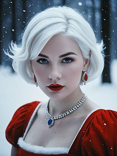 Woman with Short Snow White Hairstyle in Red Dress